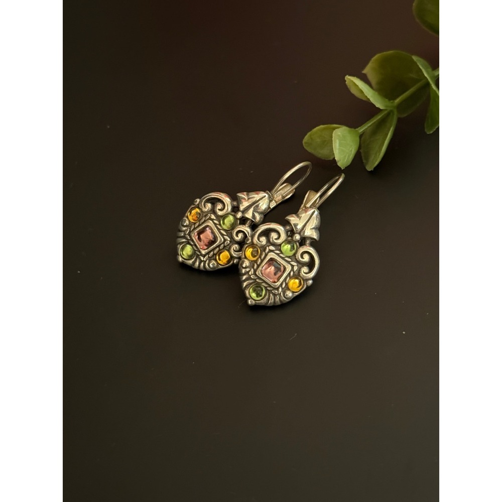 Brighton Retired Dazzle Drop Earrings Pink Green Amber Silver Heart Leverback - Picture 4 of 7
